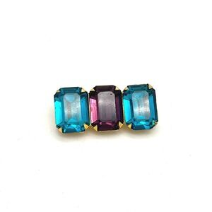 Vintage Gold Tone Teal Purple Emerald Cut‎ Glass Stone Brooch Pin 1.5 Inch